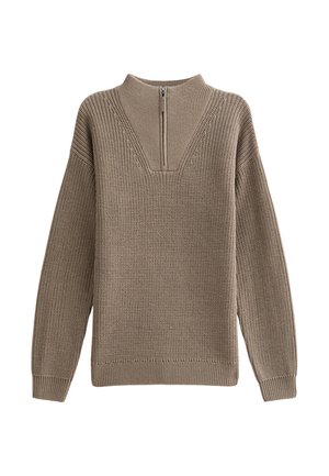 Suéter de punto beige con un cuello alto, cierre corto, mangas amplias y un patrón de puntada texturizado en toda la tela.