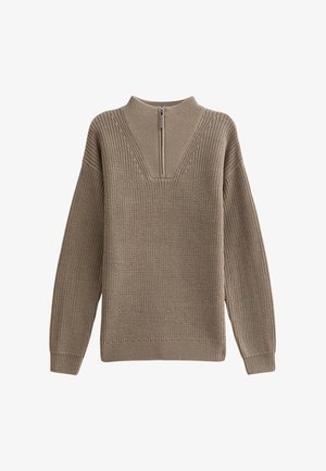 Beige knit sweater with a high neckline, short zipper, wide sleeves, and a textured stitch pattern throughout the fabric.