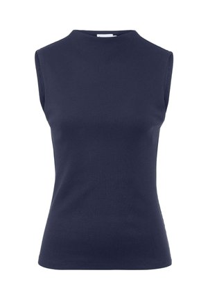 Top senza maniche di colore blu navy con un alto collo, texture a coste e design aderente. Il tessuto appare liscio ed elastico.