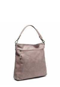 Borsa in pelle di un lavanda tenue con una superficie liscia, dotata di una singola tracolla e di una tasca frontale con zip.