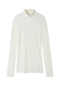 Langärmeliges Rollkragen-Shirt in Weiß, aus weichem Stoff gefertigt. Mit hohem Kragen und fließender Silhouette. Keine sichtbaren Muster oder Akzente.