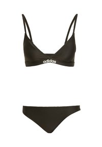 Černý bikini set se trojúhelníkovým braletem a odpovídajícími vysokými kalhotkami. Vyrobeno z hladkého materiálu s logem Adidas na přední straně.