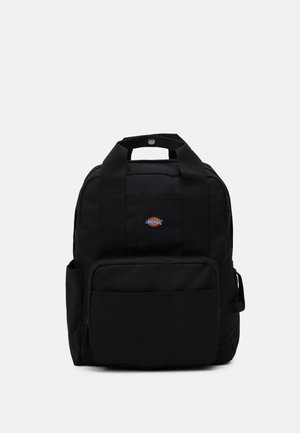 Black backpack made of durable fabric, featuring two shoulder straps, a top handle, and a front zip pocket. Logo on the front.