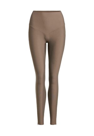Brown high-waisted leggings made of stretchy material with a smooth texture. Form-fitting design extends to the ankles. No visible seams.