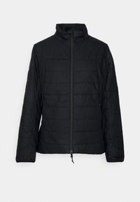 Černá vycpaná bunda s vysokým límcem, předním zipem, dvěma bočními kapsami a texturovanou tkaninou. Lehká a teplá, s horizontálním prošívaným vzorem.