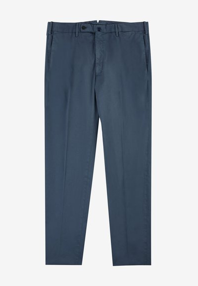 Pantaloni blu scuro realizzati in tessuto liscio, con un design a gamba dritta, tasche frontali e chiusura con un solo bottone.