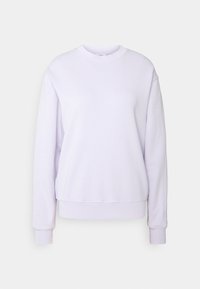 Sweatshirt violet clair avec un col rond, des manches longues et des poignets côtelés. Tissu doux avec une coupe décontractée et sans motifs visibles.