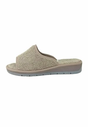 Pantofole beige aperte sulle punte con tomaia in spugna testurizzata e suola imbottita su sfondo bianco.