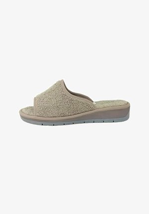 Pantofole beige aperte sulle punte con tomaia in spugna testurizzata e suola imbottita su sfondo bianco.