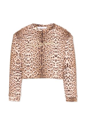 Cropped sweatshirt met lange mouwen en luipaardprint in bruine en beige tinten en cursieve tekst geborduurd op de borst.