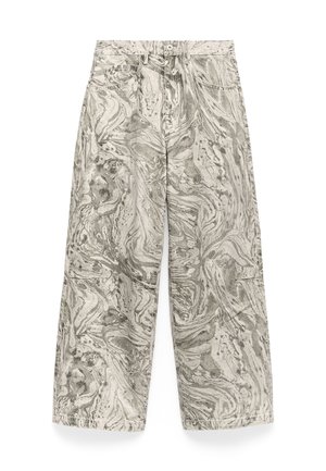 Pantaloni a gamba larga con vita alta e motivo a spirale grigio e bianco simile al marmo, dotati di tasche frontali e passanti per cintura.