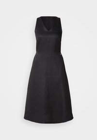 Robe noire sans manches en ligne A avec col en V et fermeture éclair au dos, longueur au genou, fabriquée en tissu lisse.