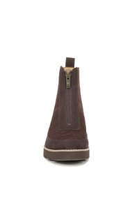 Brown suede ankle boot with a front zipper, rounded toe, and a textured rubber sole. Features a pull tab at the back for easy wear.