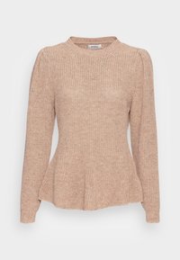 Strickpullover in hellem Beige mit langen Ärmeln, rundem Ausschnitt und einem ausgestellten Peplum-Stil. Strukturierter Stoff mit gerippten Akzenten.