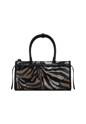 Bolso de mano de cuero negro con un patrón de rayas de tigre en beige y dorado. Cuenta con asas dobles y cierre de cremallera con detalle de bolsillo lateral.