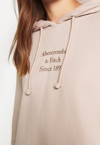 Sudadera con capucha de color beige, hecha de un tejido suave, que presenta un cordón con detalles en forma de nudo y texto impreso: "Abercrombie & Fitch Desde 1892."