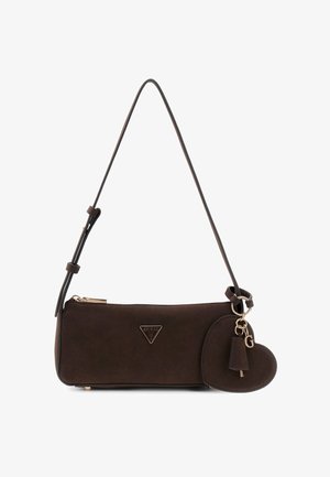 Dark brown rectangular shoulder bag with adjustable strap, gold-tone zipper, Guess logo, and attached heart-shaped charm with key and letter G.