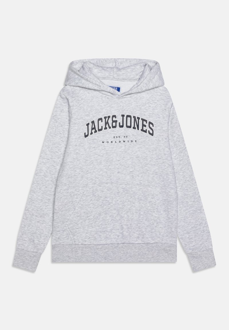 Sivá mikina s kapucňou a prednou klokankou. Obsahuje čierny grafický potlač: "JACK&JONES EST. 90 WORLDWIDE" na hrudi. Zmes bavlny.