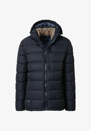 Zwarte donsjas met gevoerde capuchon en rits aan de voorkant. Voorzien van een doorgestikt ontwerp, twee zijzakken en een gestructureerd buitenmateriaal.