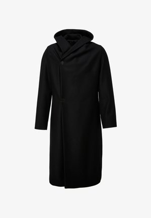 Zwarte wolmix jas met capuchon, asymmetrische kraag, twee knopen aan de voorkant en lange mouwen met een losse pasvorm. Soepele textuur.