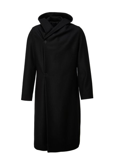 Schwarzer Wollmischmantel mit Kapuze, asymmetrischem Kragen, zwei vorderen Knöpfen und langen Ärmeln mit lockerem Schnitt. Glatte Textur.