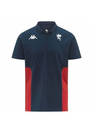 Polo blu navy con pannelli laterali rossi, caratterizzata dal logo bianco Kappa sul petto destro e da un emblema bianco di grifone sul petto sinistro.