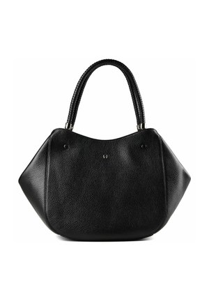 Borsa a mano in pelle nera testurizzata con manici intrecciati e dettaglio in metallo argentato alla base dei manici, mostrata su sfondo bianco.
