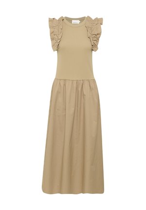 Bež haljina midi dužine od pamuka s kratkim rukavima, obilježena volanima, pripijenim tijelom i naboranom suknjom. Glatka tekstura, jednostavan dizajn.