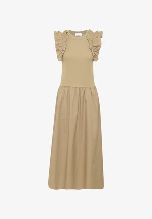 Beiges Baumwoll-Midi-Kleid mit kurzen Ärmeln, das mit Rüschendetails, einem taillierten Oberteil und einem gerafften Rock ausgestattet ist. Glatte Textur, schlichtes Design.