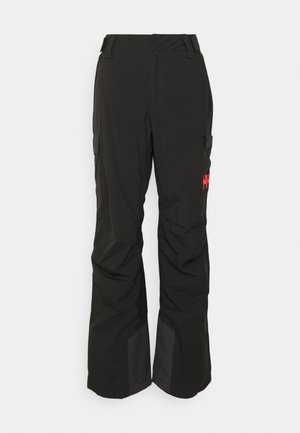 Black cargo pants with a relaxed fit, made of durable fabric. Features a side cargo pocket and red logo accent on the thigh.