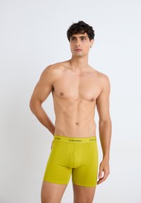 Grüne Baumwollboxershorts mit schwarzem Calvin Klein-Logo am Bund, enganliegendes Design und glatter Textur. Modell steht mit einer Hand auf der Hüfte.