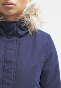 Person wearing a navy blue winter coat with a high collar and beige faux fur trim around the hood.