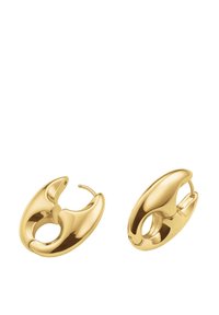 Náušnice ve tvaru kruhu zlaté barvy s moderním designem, který zahrnuje oválné a kulaté tvary, hladký povrch a bezpečný uzamykací mechanismus.