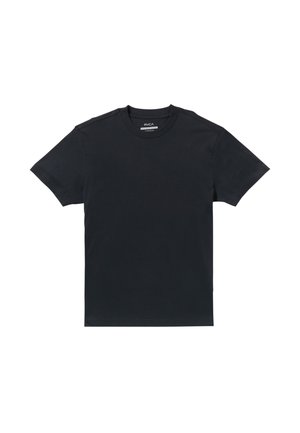 Zwarte katoenen t-shirt met een ronde hals en korte mouwen. Heeft een soepele textuur en een minimalistischer ontwerp zonder patronen of accenten.