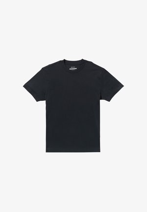 Schwarzes Baumwoll-T-Shirt mit rundem Ausschnitt und kurzen Ärmeln. Verfügt über eine glatte Textur und ein minimalistisches Design ohne Muster oder Akzente.