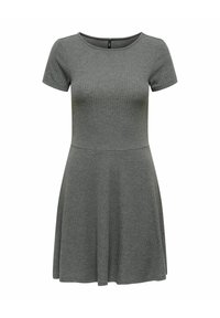 Robe tricotée gris à manches courtes avec un corsage ajusté, un col rond et une jupe évasée s'étendant au-dessus du genou.