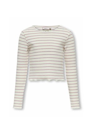 Langærmet cropped top i struktureret hvidt stof med smalle lilla striber og en bølget kant. Simpel rund halsudskæring.