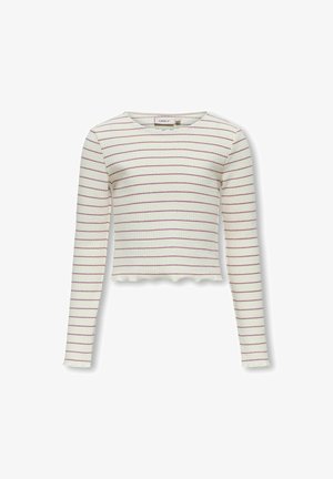 Korte mouwen cropped top van textuur wit stof, met smalle paarse strepen en een gekartelde zoom. Eenvoudige ronde halslijn.