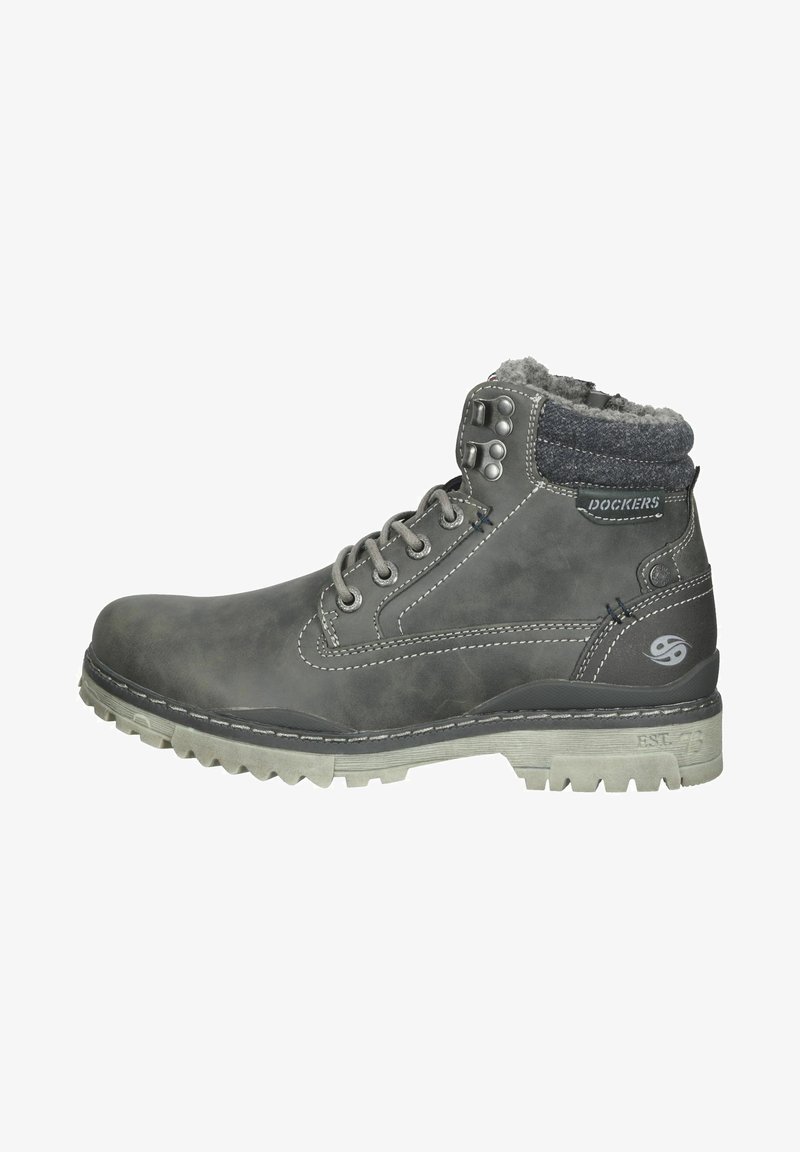 Szare skórzane botki za kostkę z wyściełanym kołnierzem, metalowymi oczkami i teksturowaną gumową podeszwą z wytrzymałym wzorem bieżnika.