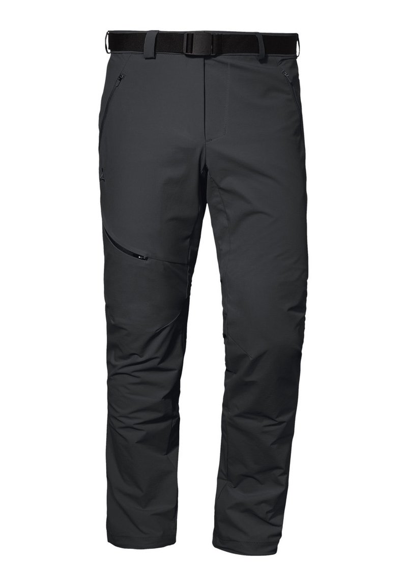 Dark gray outdoor pants with a smooth texture, featuring a belted waist, zippered pockets, and a tapered leg design.