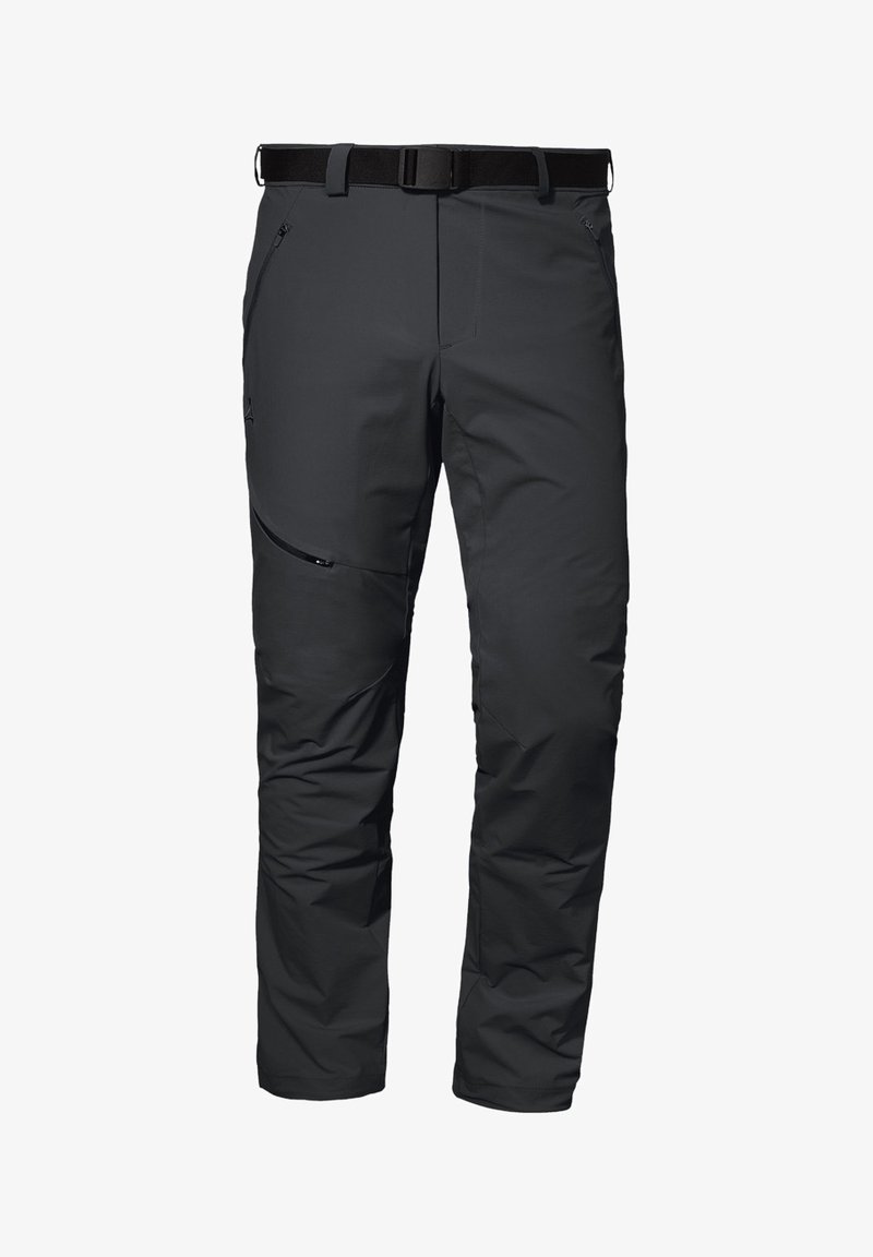 Dark gray outdoor pants with a smooth texture, featuring a belted waist, zippered pockets, and a tapered leg design.