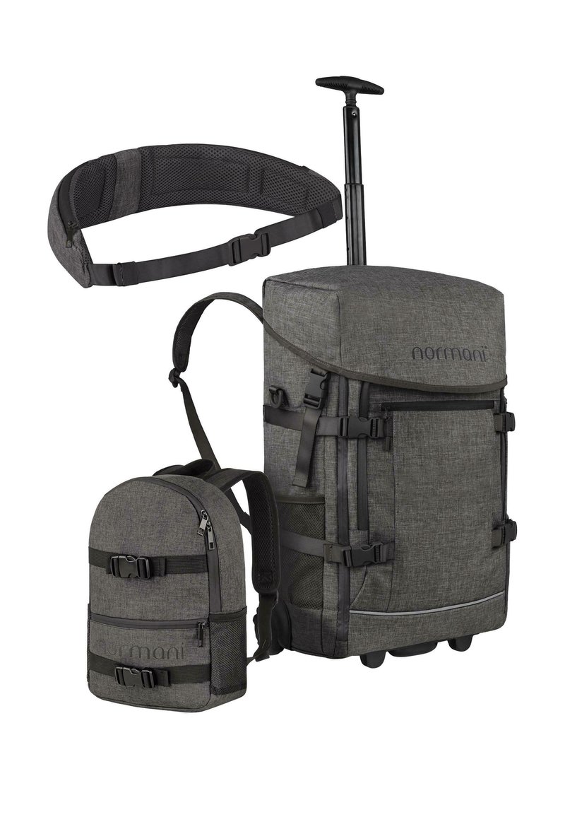 Grau ausgestatteter Rucksack mit Rollstruktur, verstellbarem Griff, gepolsterten Schulterriemen, abnehmbarem Mini-Rucksack und verschiedenen Schnallen.