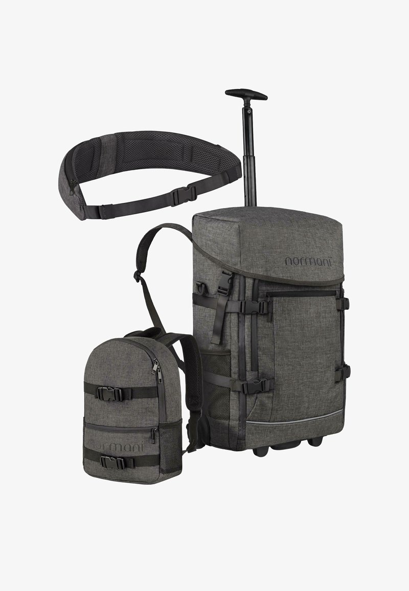 Grau ausgestatteter Rucksack mit Rollstruktur, verstellbarem Griff, gepolsterten Schulterriemen, abnehmbarem Mini-Rucksack und verschiedenen Schnallen.