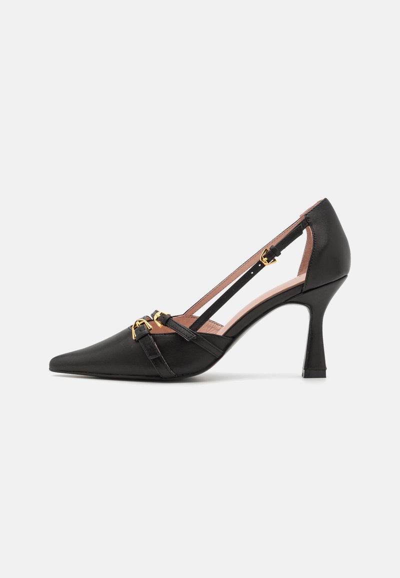 Schwarzer Leder-Stilettoschuh mit spitzem Zehenbereich, ausgestattet mit goldfarbenen Beschlägen und zwei Riemen. Glatte Textur, elegante Silhouette und schlanker Absatz.