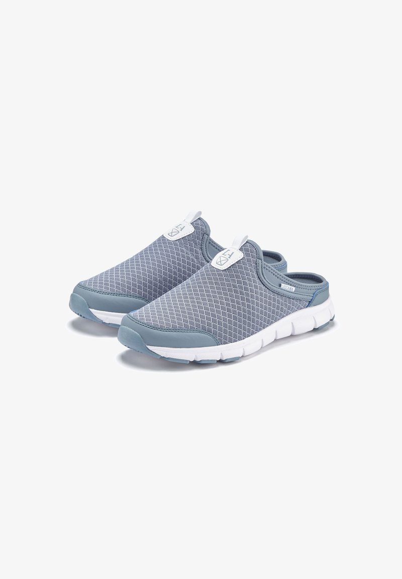 Gray mesh slip-on shoes with a flexible rubber sole, featuring white accents and a textured surface for breathability and comfort.