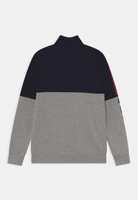 Grå och marinblå sweatshirt med hög krage, med en kontrasterande färgblockdesign och röd text längs vänster ärm. Mjuk textur.