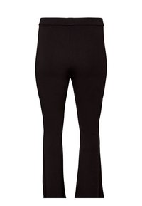 Μαύρο παντελόνι με φαρδιά καμπάνα, κατασκευασμένο από λείο, ελαστικό ύφασμα. Διαθέτει ψηλή μέση και εφαρμοστή σιλουέτα με φαρδιές άκρες. Χωρίς ορατά μεταλλικά στοιχεία ή σχέδια.