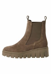 Botte chelsea en suède marron avec panneaux élastiques, bout arrondi et semelle en caoutchouc épaisse avec un design texturé et strié.
