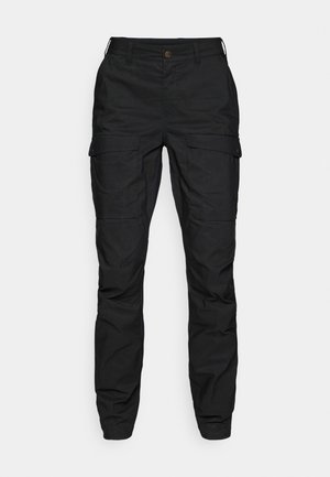 Black cargo pants with a straight leg design, featuring multiple pockets, a button closure, and a smooth, durable fabric texture.