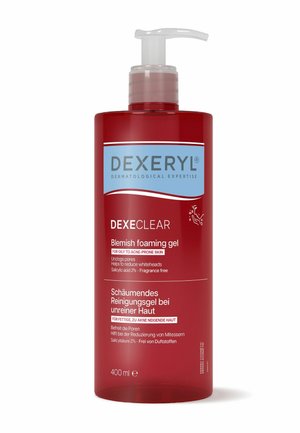 Rote Flasche Dexeryl Dexeclear Unreinheiten-Schaumgel mit Pumpe, für fettige bis zu Akne neigende Haut, enthält 2 % Salicylsäure, parfumfrei, 400 ml.
